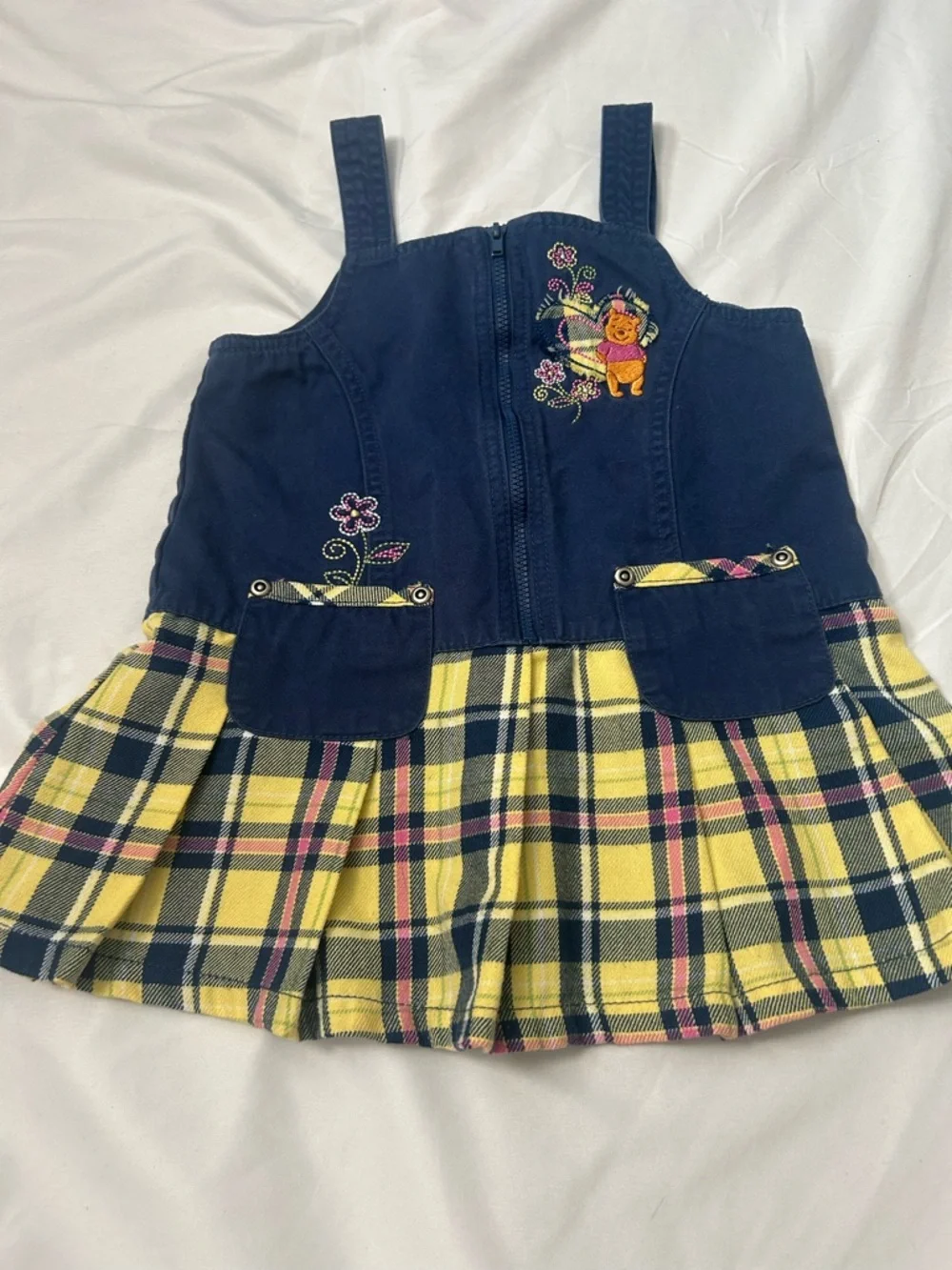 90’s  Y2K Winnie the Pooh Peplum Dress Jumper Yellow Navy Embroidered Plaid 3T